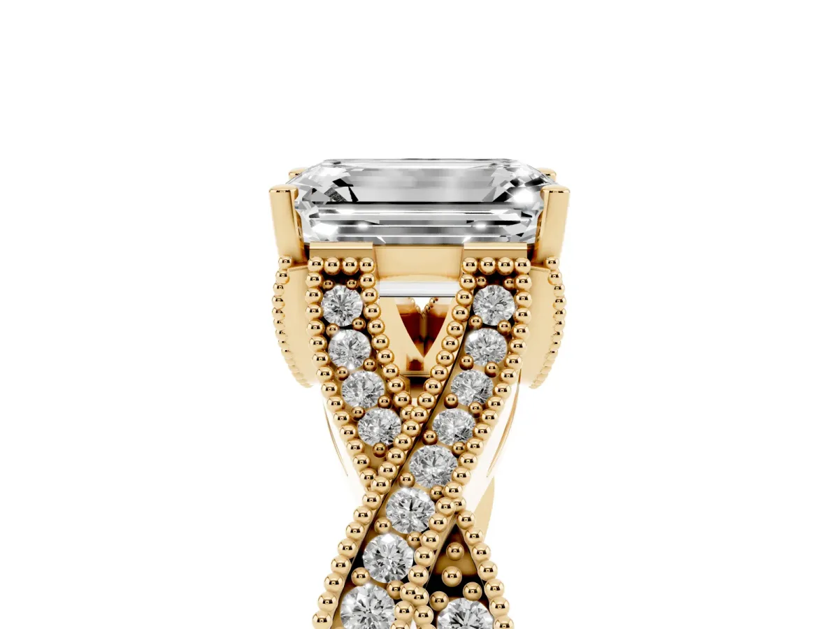 Emerald Cut Cut Diamond Twisted Band with Milgrain Pave Setting and Four-Prong Setting Yellow gold