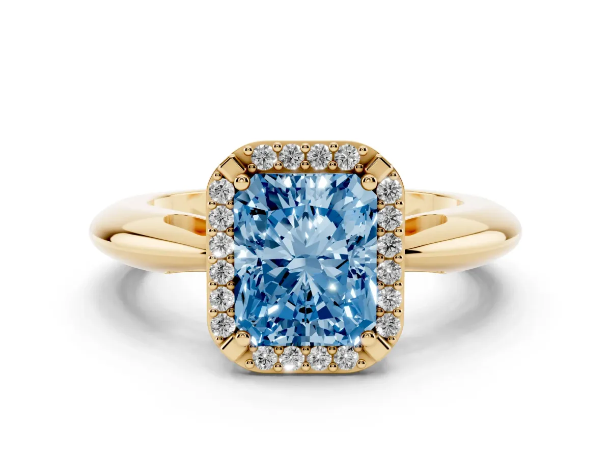 Fancy Blue Radiant Cut Cut Diamond Halo Engagement Ring with Split Shank and Four-Prong Setting Yellow gold