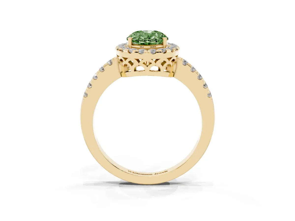 Fancy Green Oval Cut Halo Diamond Engagement Ring with Pavé Band and Four-Prong Setting Yellow gold