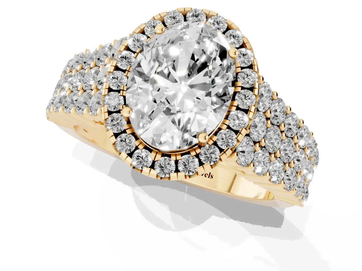 Oval Cut Diamond Halo Engagement Ring with Triple Row Round Pavé Band and Prong Setting Yellow gold