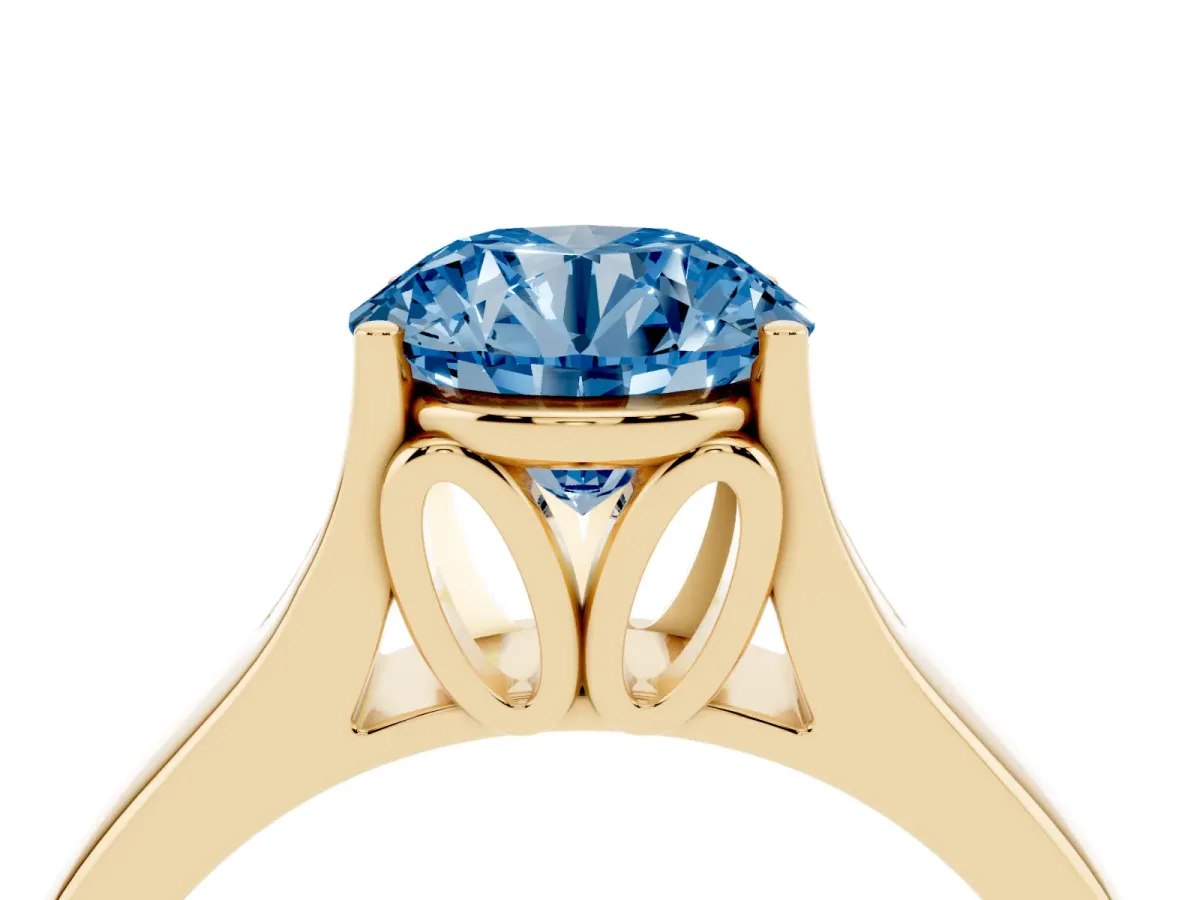 Fancy Blue Round Cut Solitaire Diamond Ring with Cathedral Band and Four-Prong Setting Yellow gold