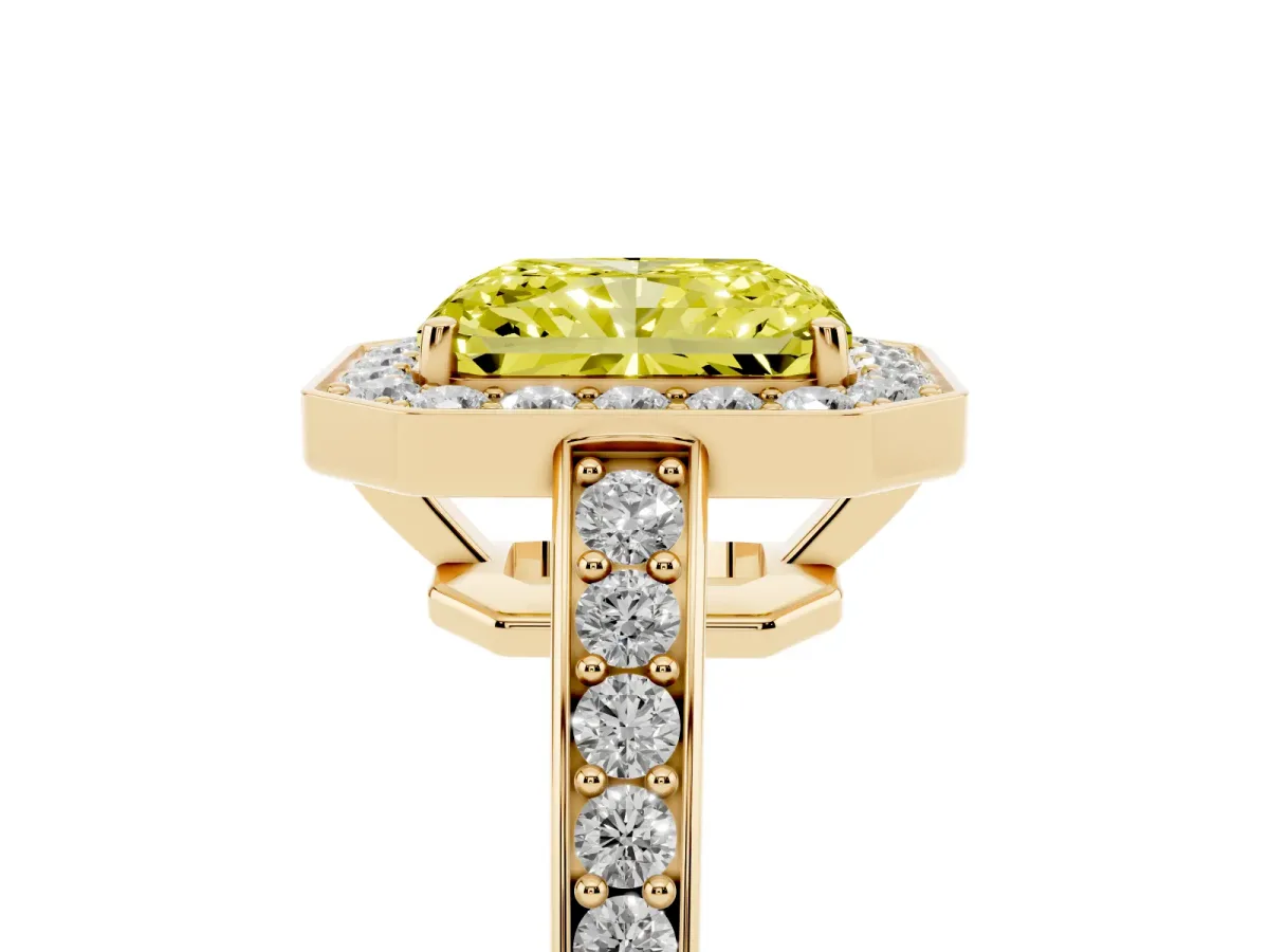 Fancy Yellow Radiant Cut Halo Pavé Diamond Engagement Ring with Bezel Setting Yellow gold
