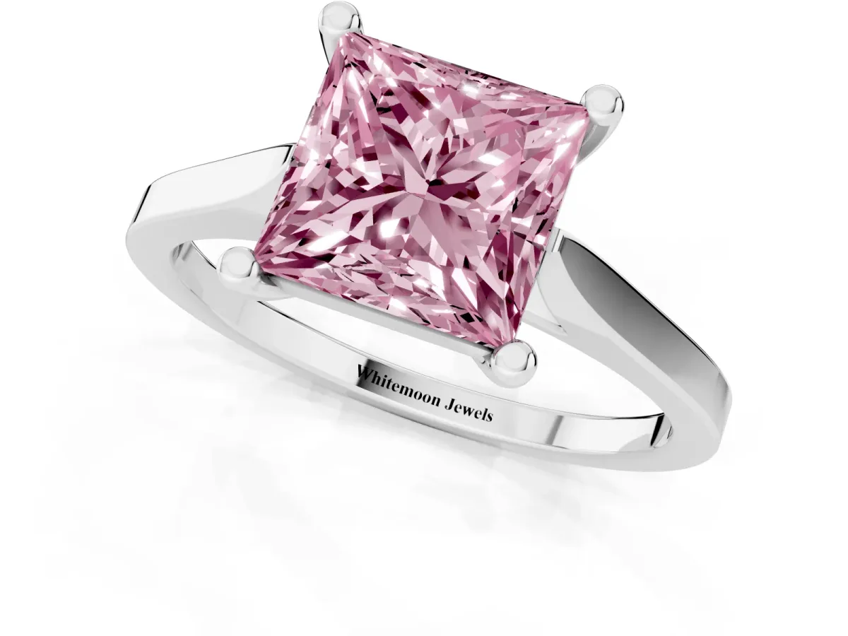 Fancy Pink Princess Cut Solitaire Diamond Ring with Four-Prong Setting and Tapered Band Silver