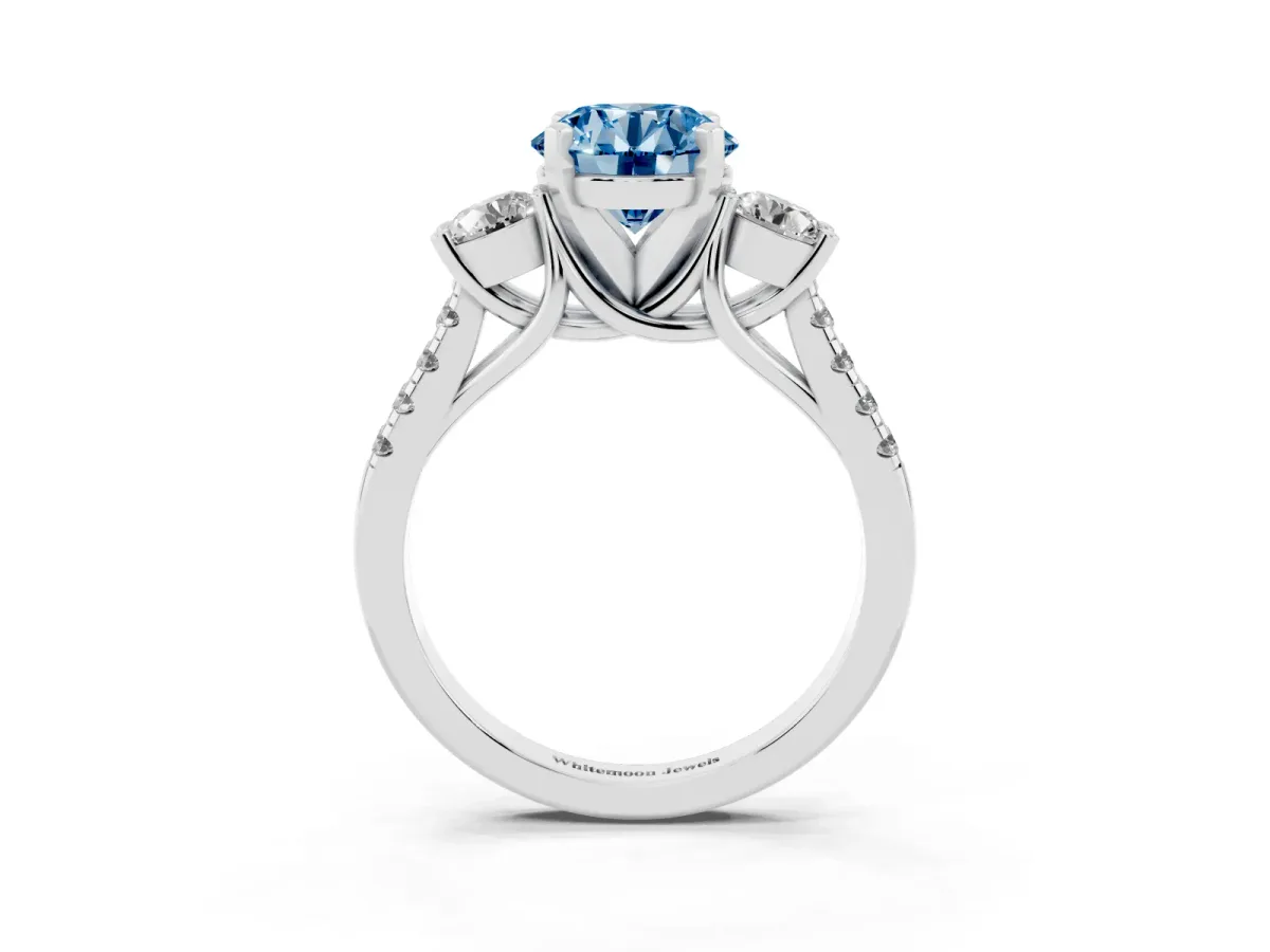 Fancy Blue Three-Stone Round Cut Diamond Pavé Band with Four-Prong Setting Silver