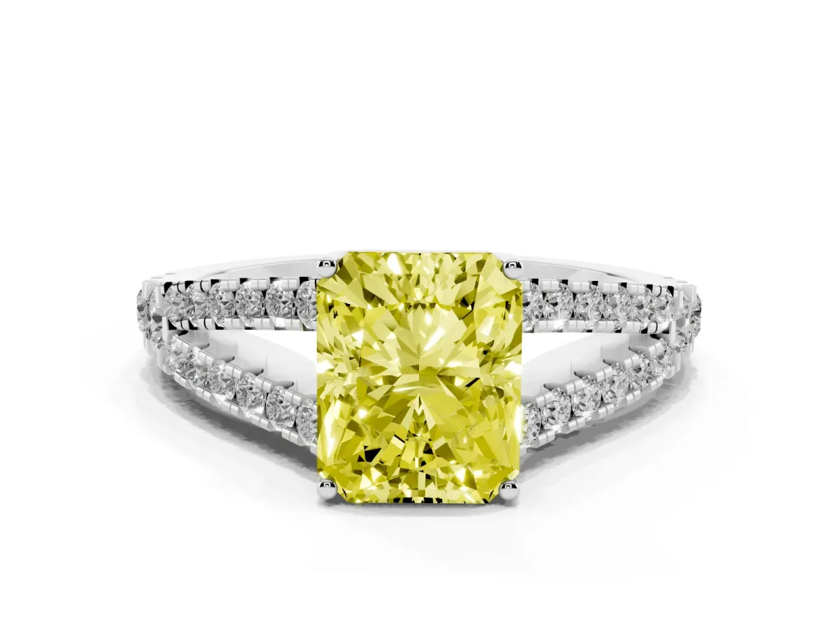 Fancy Yellow Radiant Cut Diamond Split Shank Engagement Ring with Round Pavé and Prong Setting Silver