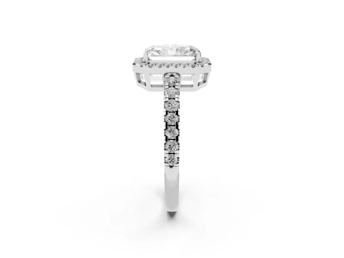 Radiant Cut Diamond Halo Ring with Pavé Band and Four-Prong Setting White gold