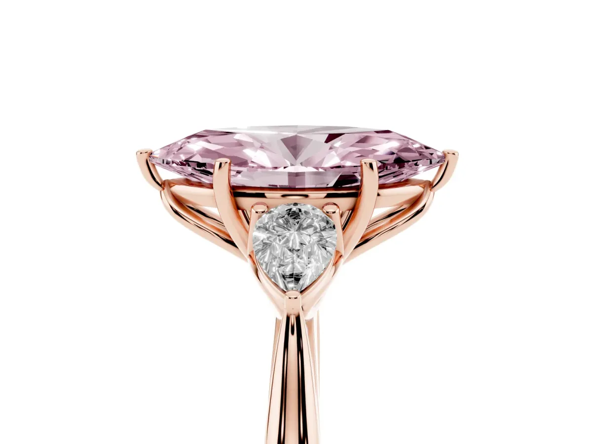 Fancy Pink Marquise Cut Diamond Three-Stone Ring with Pear Side Stones and Prong Setting Rose gold