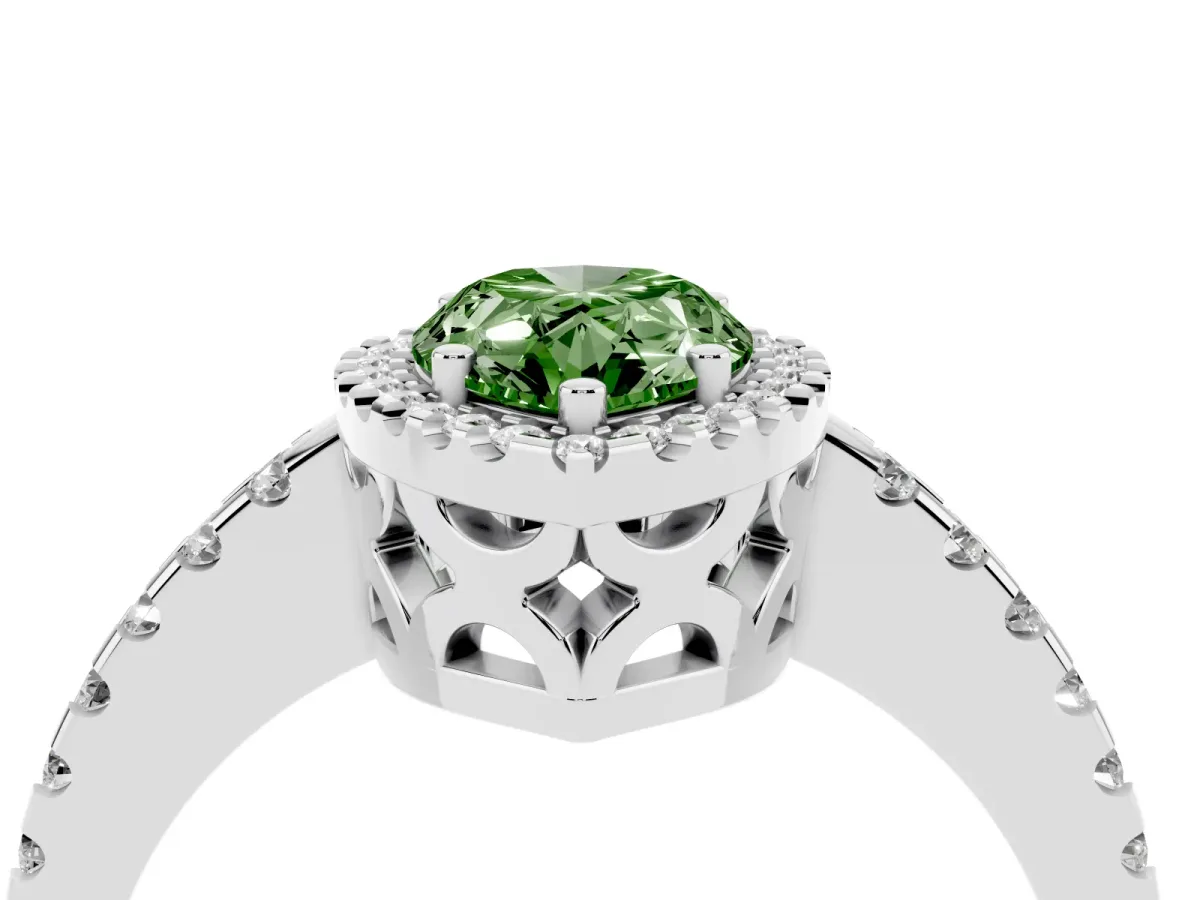 Fancy Green Pear Cut Diamond Halo Engagement Ring with Pavé Band and Prong Setting Silver