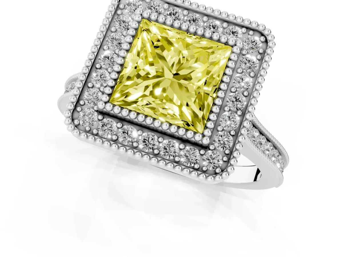 Fancy Yellow Princess Cut Diamond Halo Ring with Milgrain Frame and Pavé Band White gold