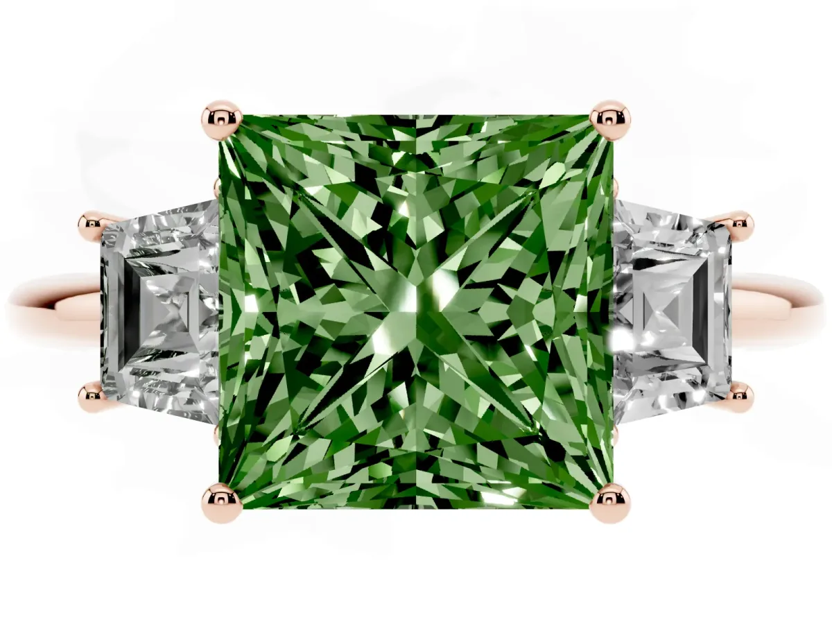 Fancy Green Princess Cut Diamond Three-Stone Ring with Trapezoid Side Stones and Prong Setting Rose gold