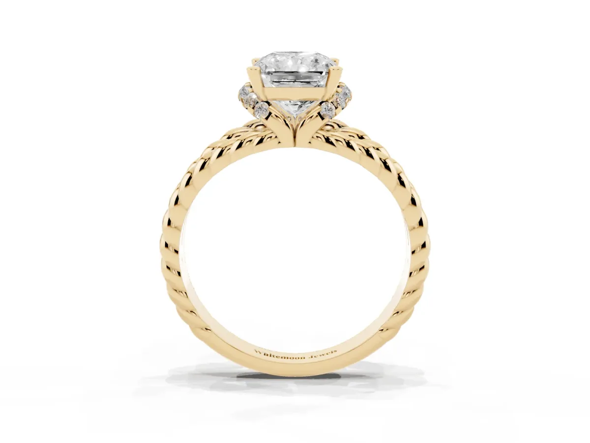 Radiant Cut Halo Twisted Band Four-Prong Ring Yellow gold