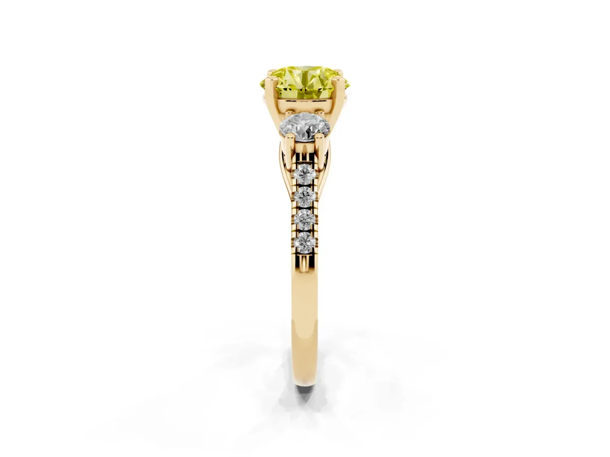 Fancy Yellow Three-Stone Round Cut Diamond Pavé Band with Four-Prong Setting Yellow gold