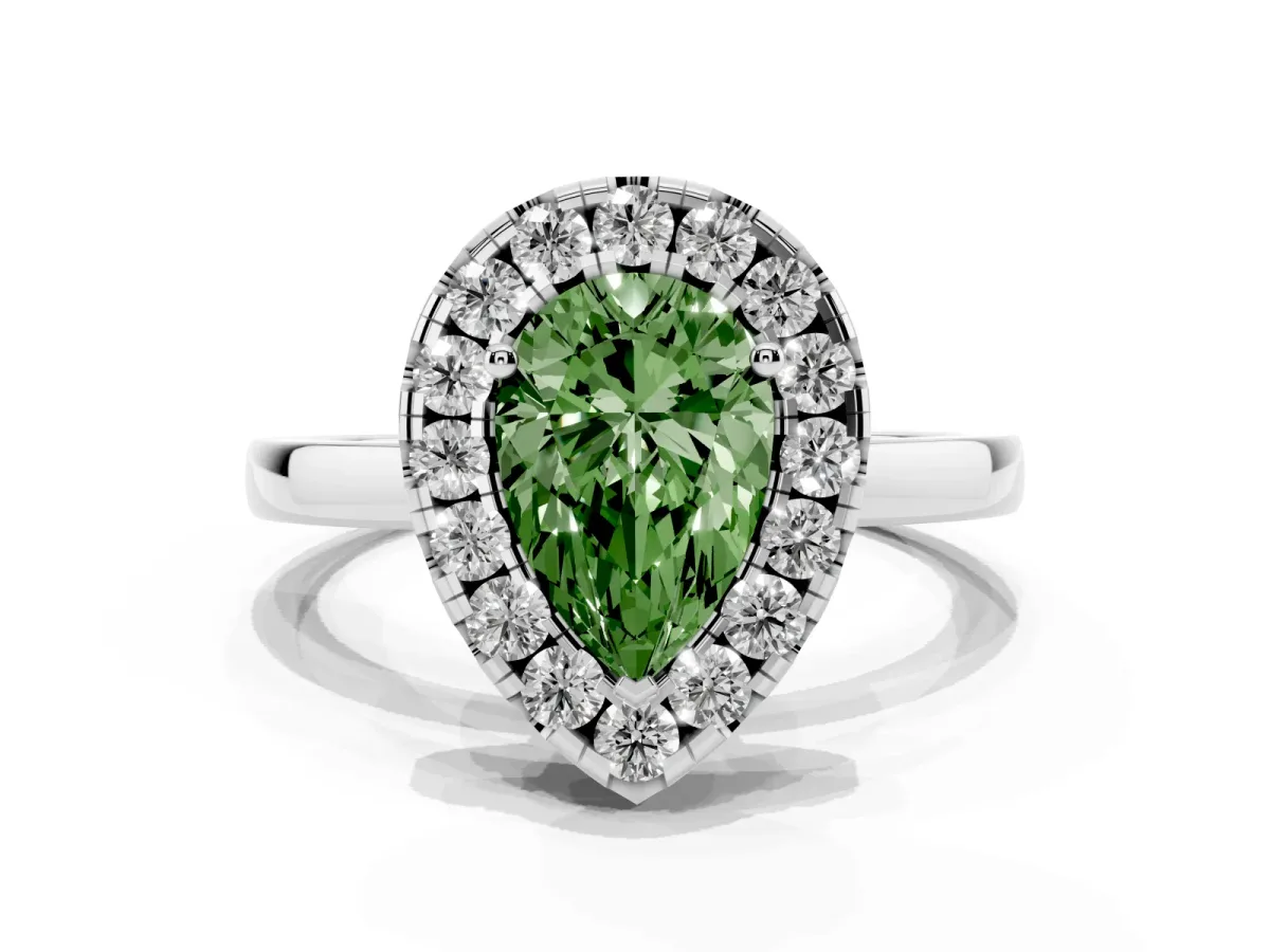Fancy Green Pear Cut Halo Diamond Solitaire with Pavé Band and Four-Prong Setting Silver