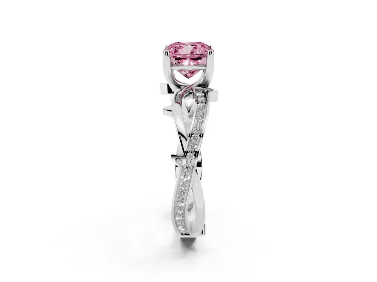 Fancy Pink Cushion Cut Solitaire Twist Band with Pavé Accents and Four-Prong Setting White gold