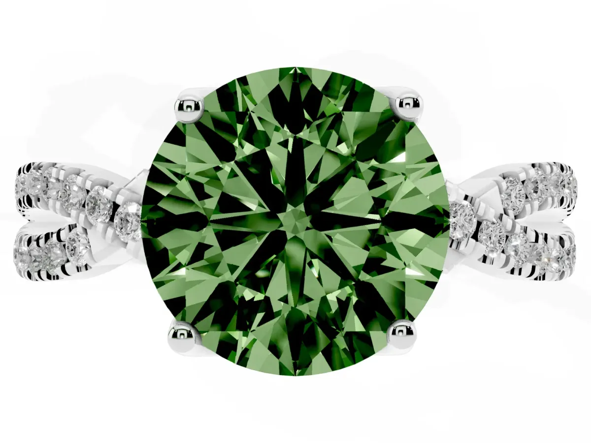 Fancy Green Round Cut Solitaire Twist Pave Diamond Engagement Ring with Prong Setting Silver