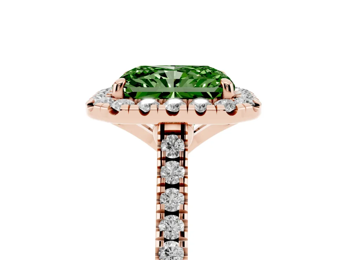 Fancy Green Radiant Cut Diamond Cushion Halo Ring with Pavé Band Rose gold