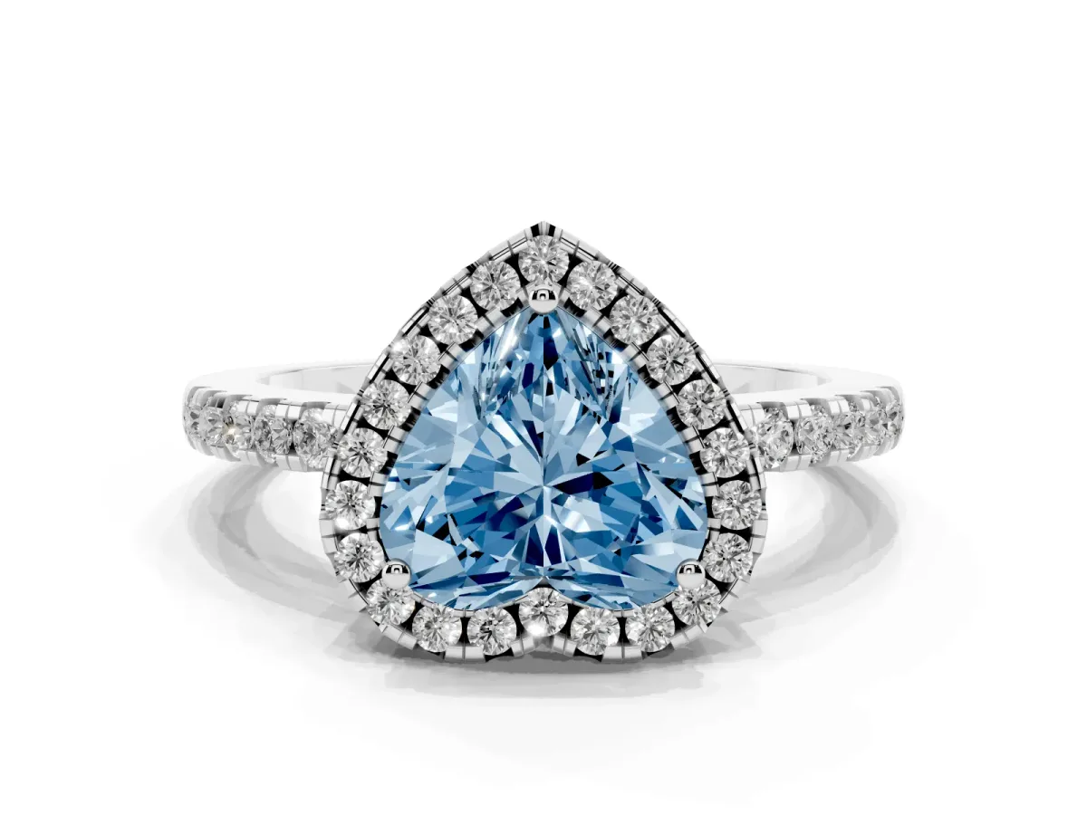 Fancy Blue Heart Cut Halo Diamond Engagement Ring with Pavé Band and Four-Prong Setting Platinum
