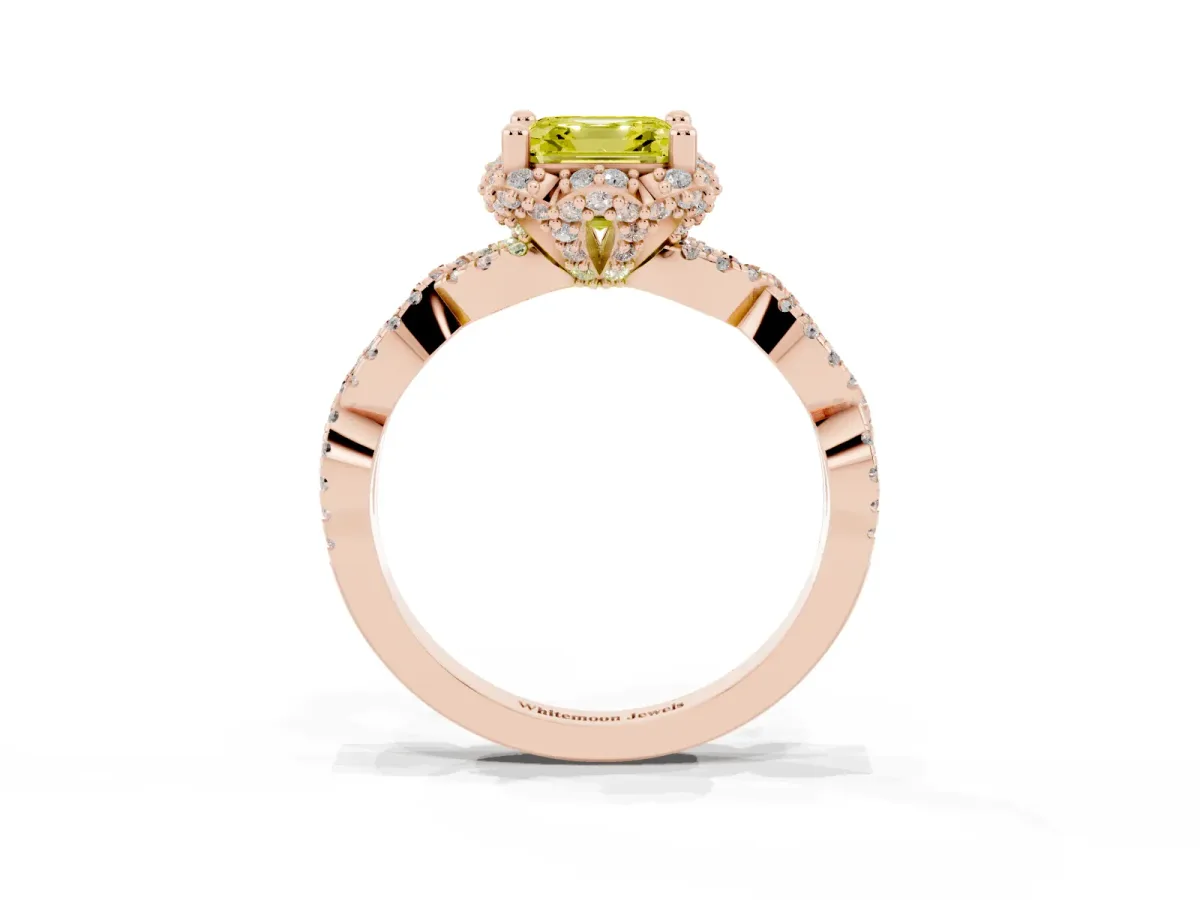 Fancy Yellow Asscher Cut Halo Twist Band Solitaire Ring with Six-Prong Setting Rose gold