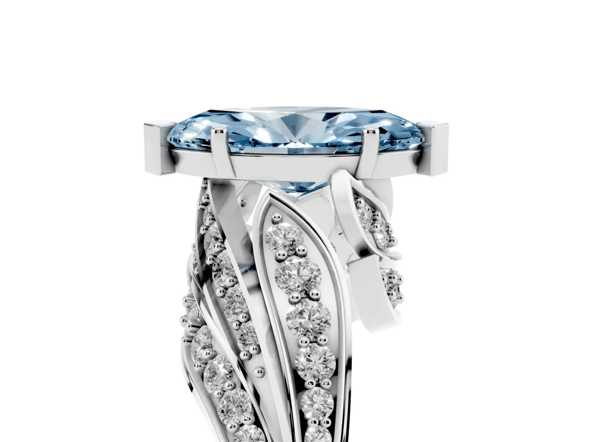 Fancy Blue Marquise Cut Diamond Solitaire Ring with Prong Setting and Twisted Pavé Band Silver