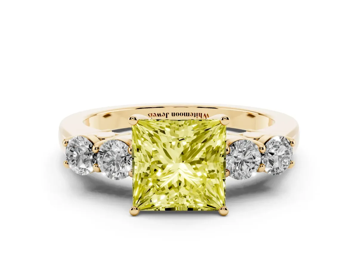 Fancy Yellow Princess Cut Cut Diamond Five-Stone Prong Set White Gold Ring Yellow gold