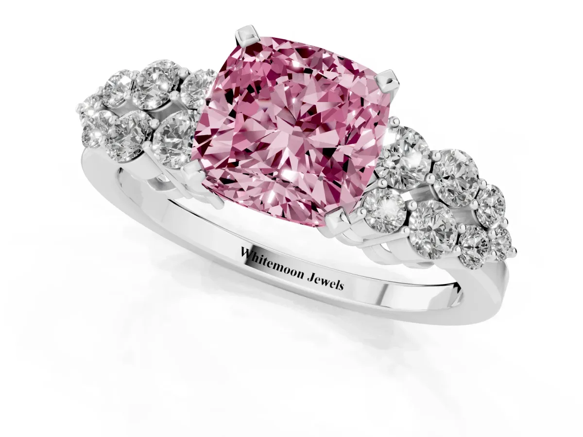 Fancy Pink Cushion Cut Cluster Diamond Engagement Ring with Pavé Band and Four-Prong Setting Platinum