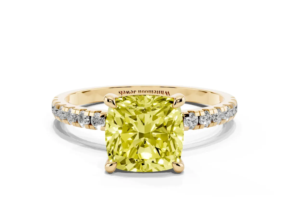 Fancy Yellow Cushion Cut Diamond Brilliant Solitaire Ring with Pavé Band and Four-Prong Setting Yellow gold