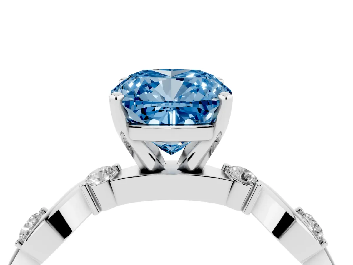Fancy Blue Cushion Cut Diamond Solitaire Twisted Band with Round Accents and Prong Setting Silver