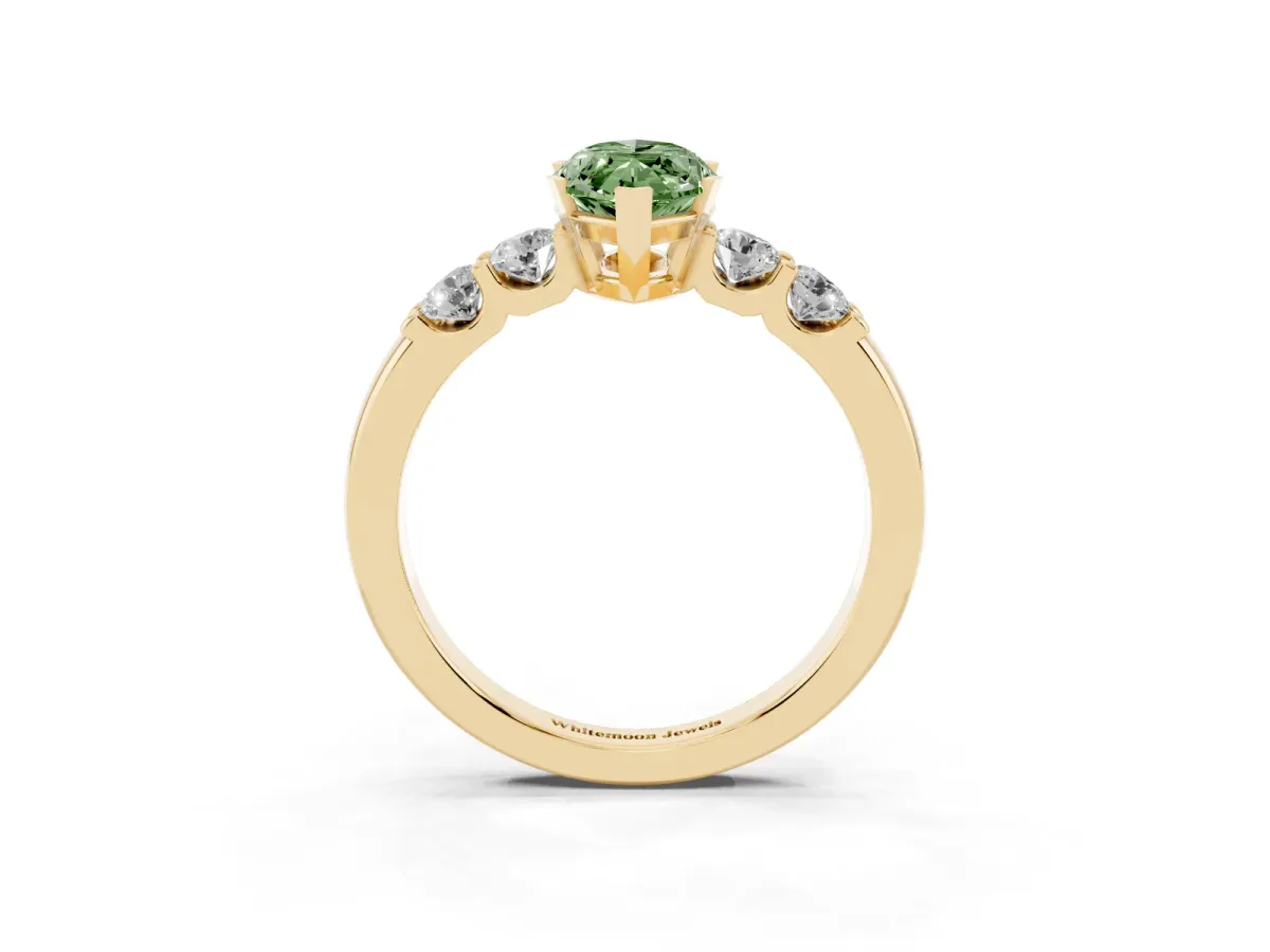 Fancy Green Marquise Cut Brilliant Cut Diamond Five-Stone Prong Set Engagement Ring with Channel Band Yellow gold