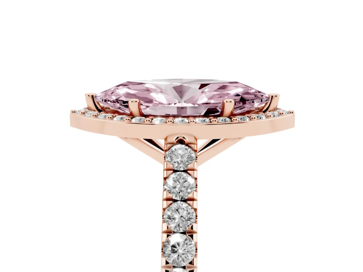 Fancy Pink Marquise Cut Cut Halo Diamond Engagement Ring with Pave Band and Four-Prong Setting Rose gold