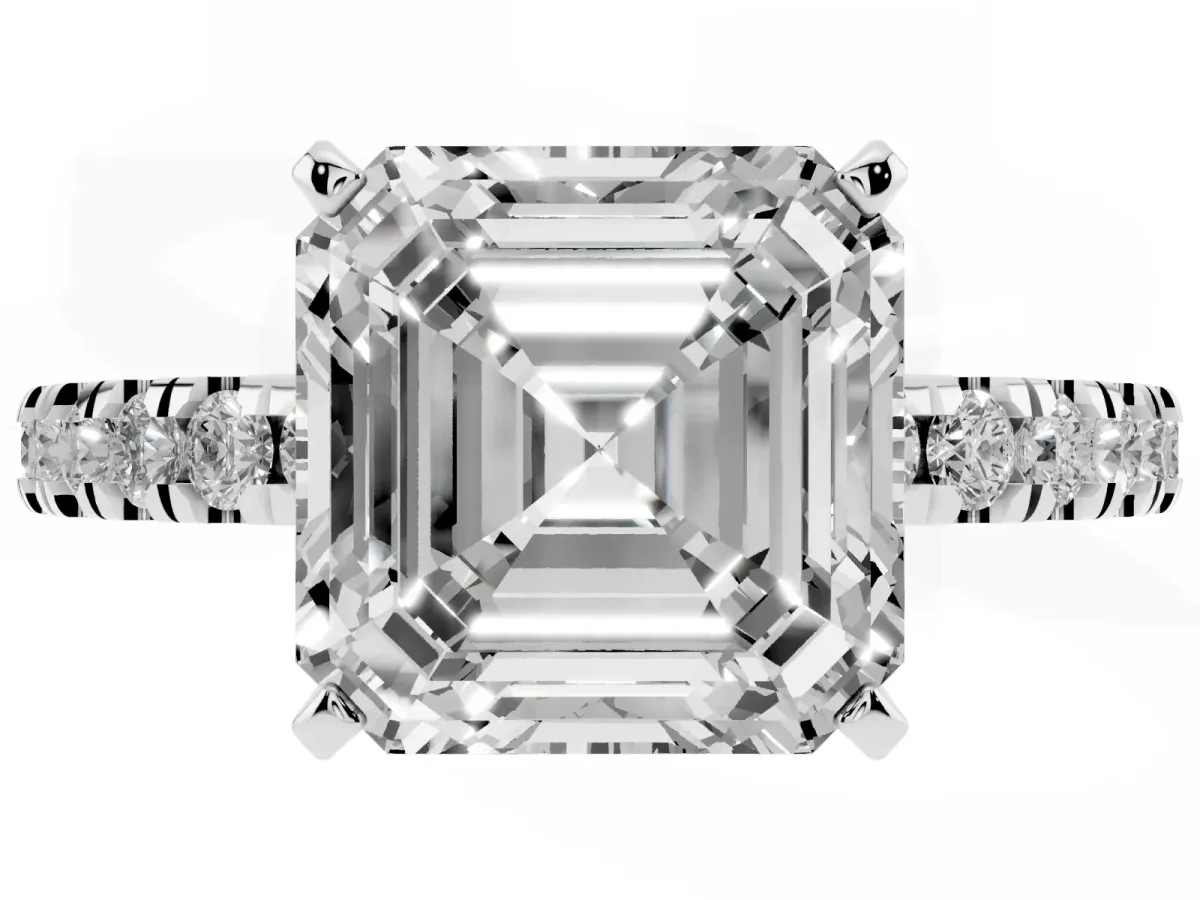 Asscher Cut Solitaire Diamond with Pavé Band and Four-Prong Setting Silver