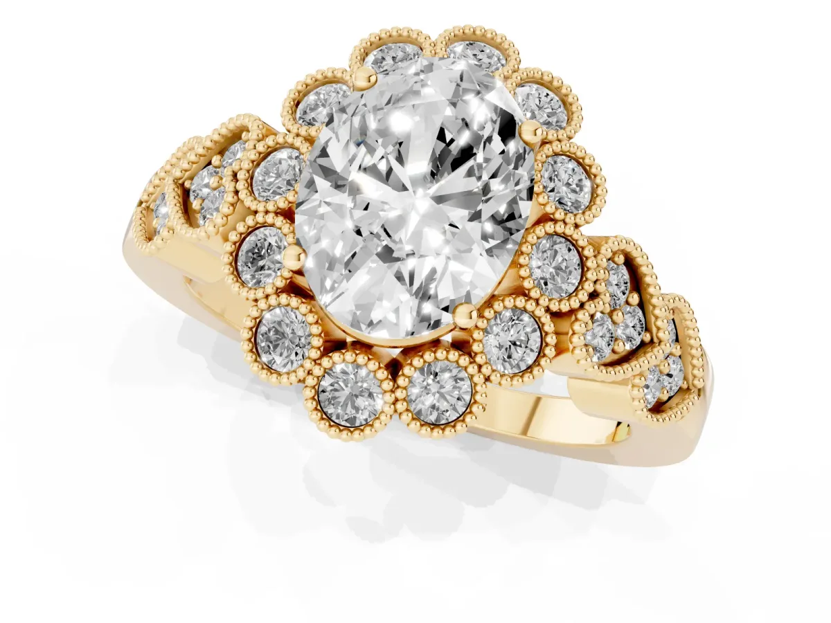 Oval Cut Brilliant Milgrain Pave Heart Band Solitaire Ring Yellow gold