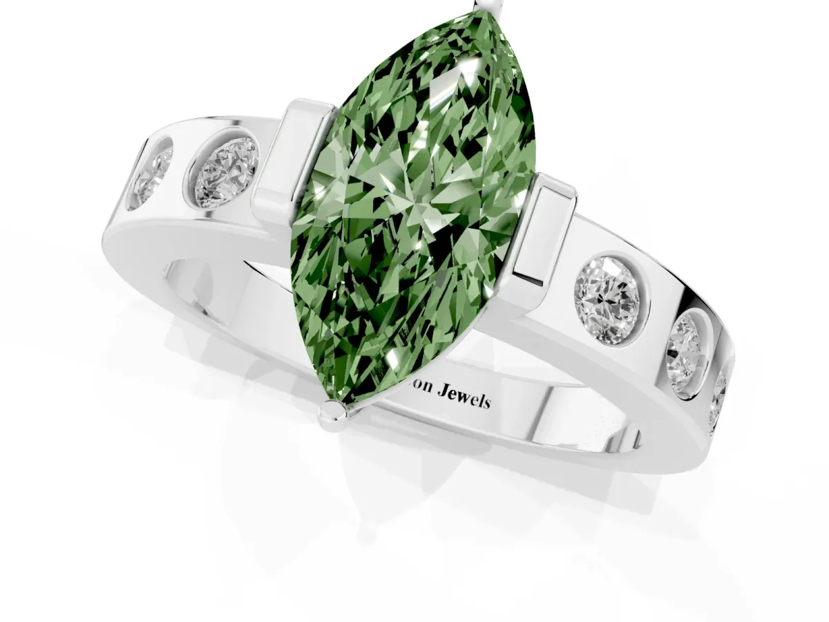 Fancy Green Marquise Cut Brilliant Channel-Set Diamond Ring with Bezel Prong Setting Silver