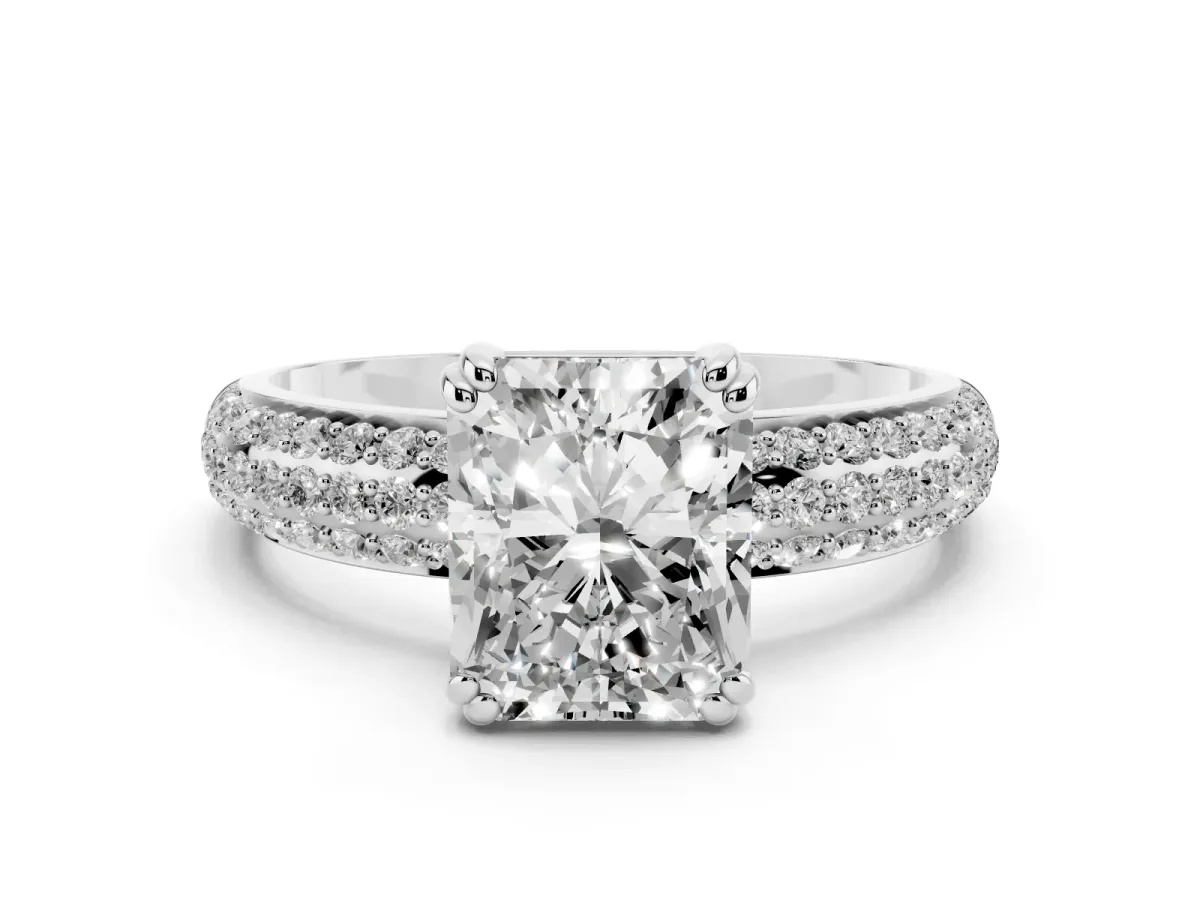 Radiant Cut Diamond Solitaire Ring with Multi-Row Round Pavé Band and Prong Setting Silver