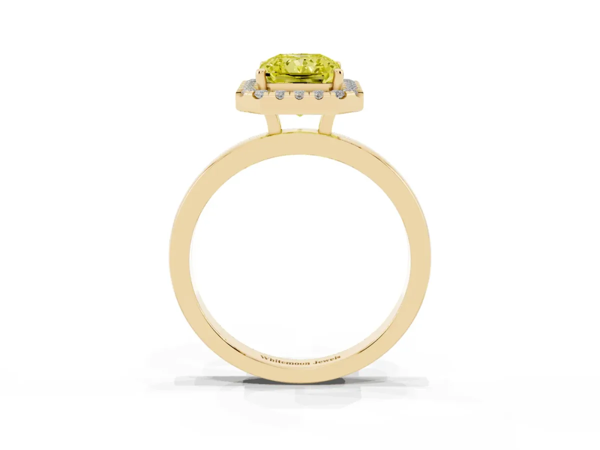 Fancy Yellow Radiant Cut Halo Diamond Solitaire with Pavé Band and Four-Prong Setting Yellow gold