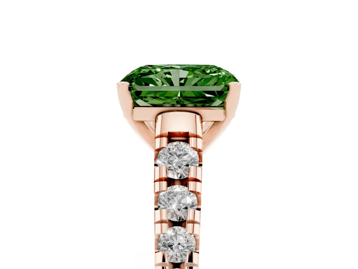 Fancy Green Radiant Cut Diamond Cathedral Solitaire Ring with Round Pavé Band Rose gold