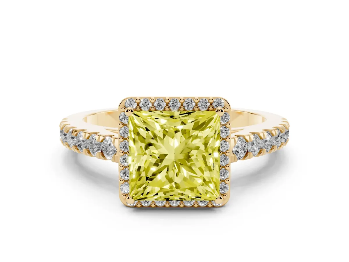 Fancy Yellow Princess Cut Cut Halo Diamond Engagement Ring with Pave Band and Four-Prong Setting Yellow gold