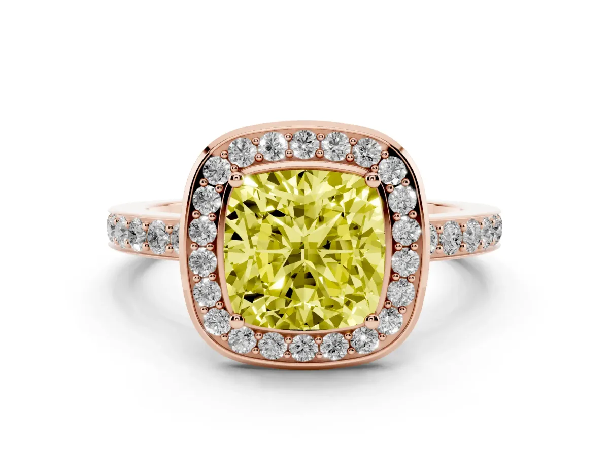 Fancy Yellow Cushion Cut Diamond Halo Ring with Bezel Frame and Pavé Band Rose gold