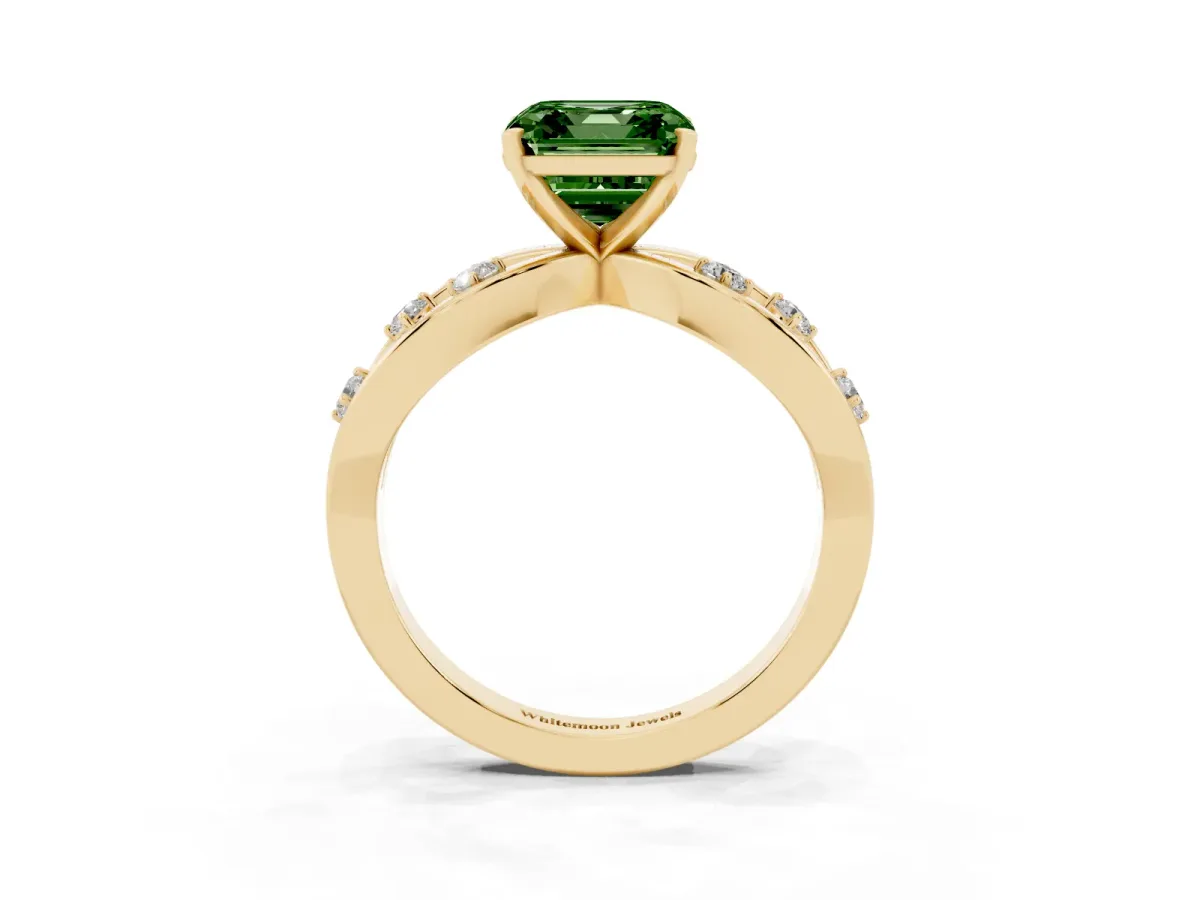 Fancy Green Asscher Cut Cut Solitaire Diamond with Side Stones on Criss-Cross Band and Four-Prong Setting Yellow gold