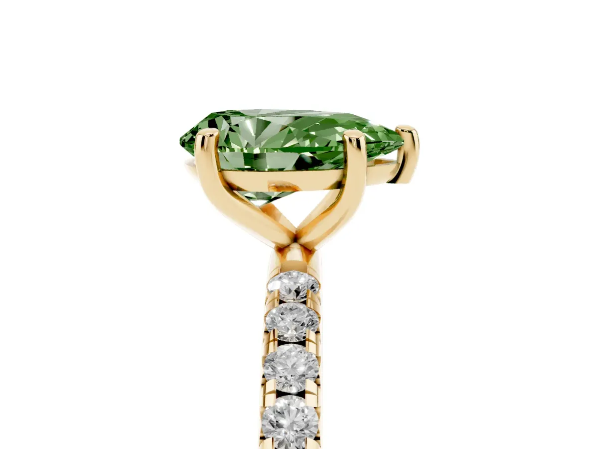 Fancy Green Pear Cut Cut Diamond Solitaire Ring with Micro Pave Band and Four Prong Setting Yellow gold