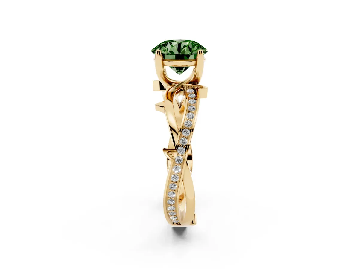 Fancy Green Round Cut Solitaire Twist Band with Pavé Accents and Four-Prong Setting Yellow gold