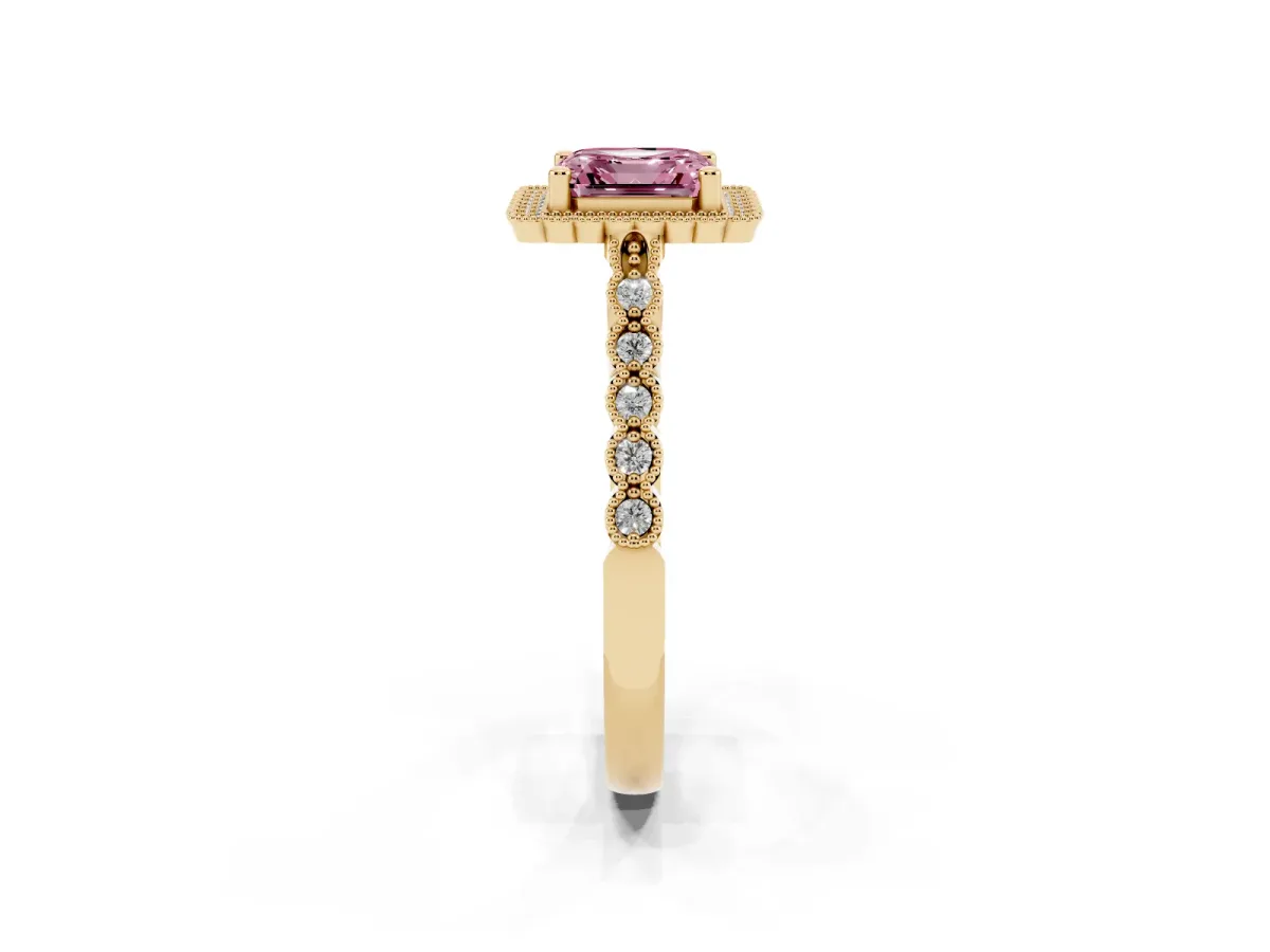 Fancy Pink Asscher Cut Cut Halo Pavé Solitaire Ring with Milgrain Band Yellow gold