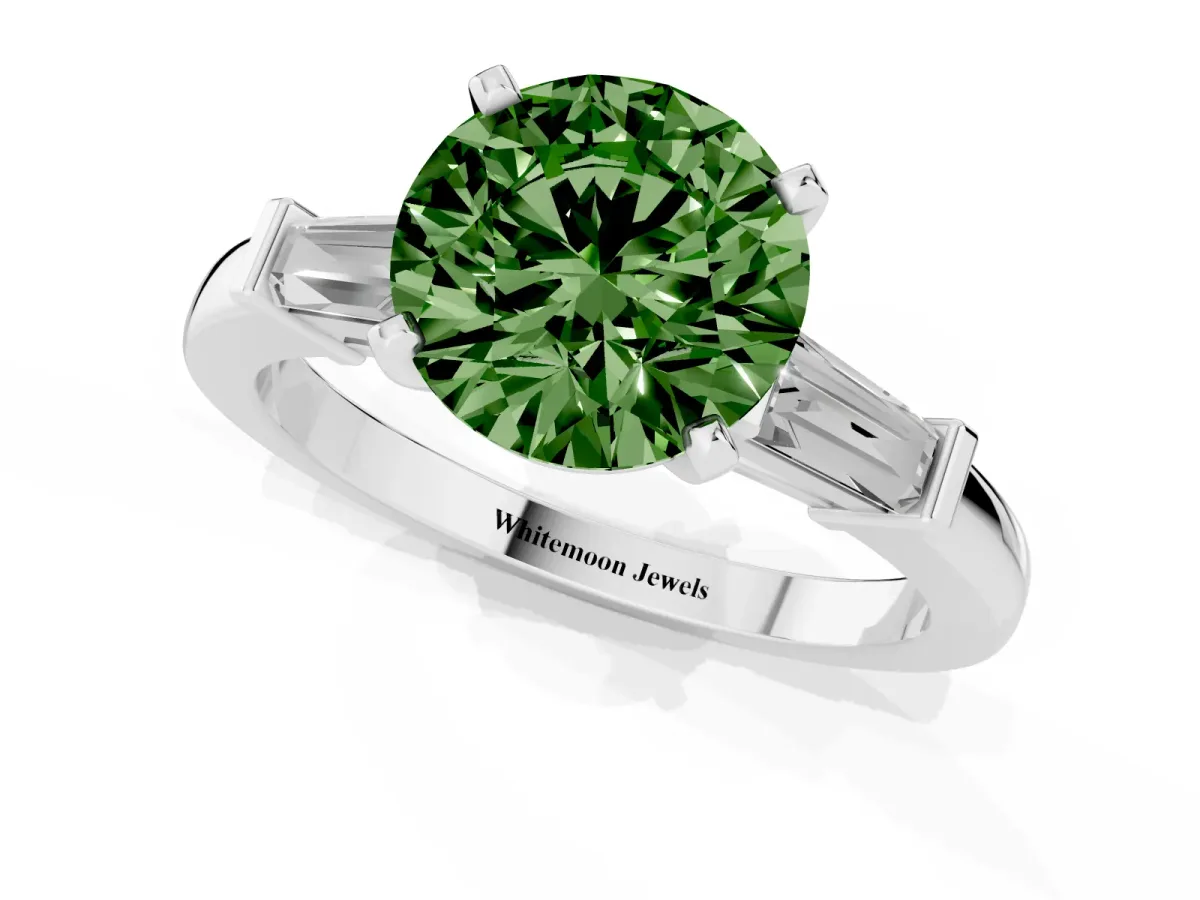 Fancy Green Round Cut Cut Diamond Solitaire Ring with Tapered Baguette Accents and Four-Prong Setting Silver