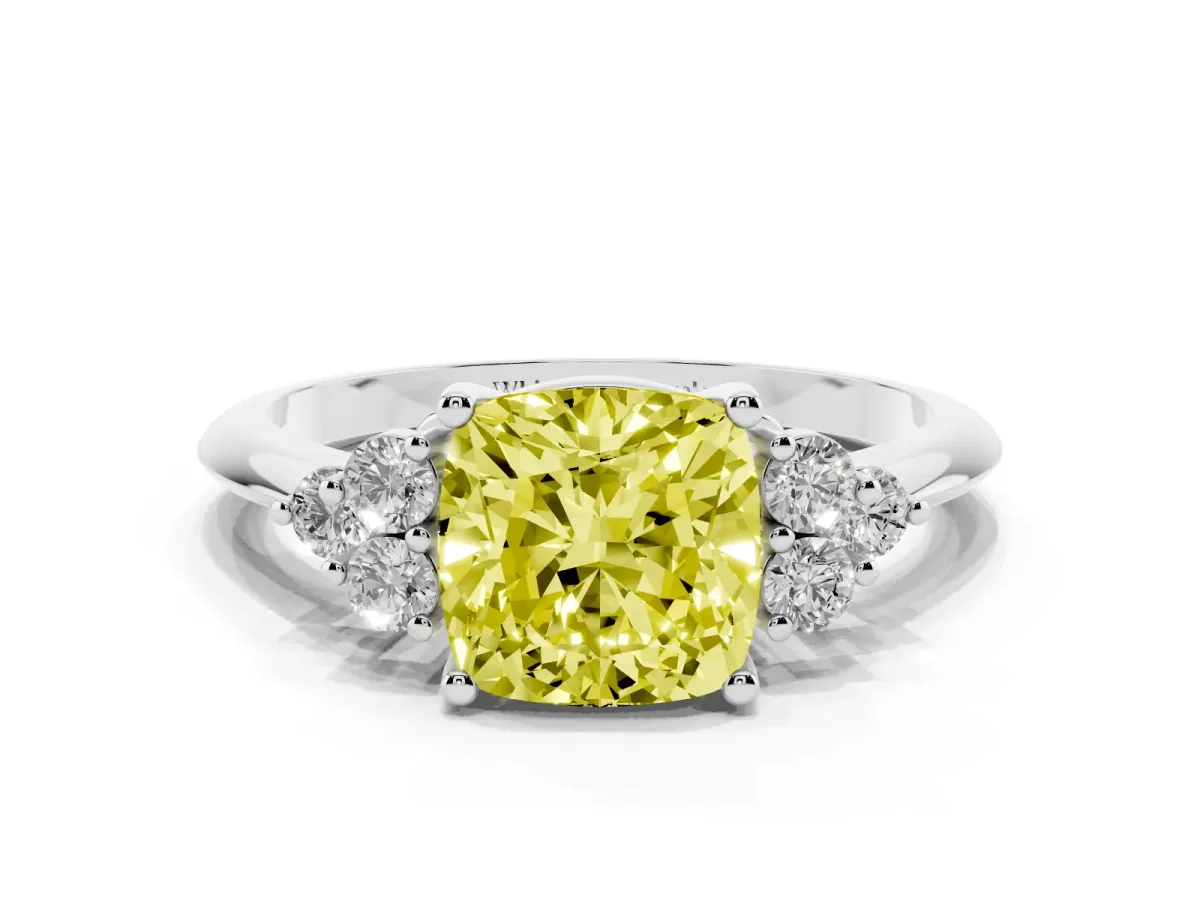 Fancy Yellow Cushion Cut Cut Diamond Cluster Ring with Solitaire Band and Four-Prong Setting Silver