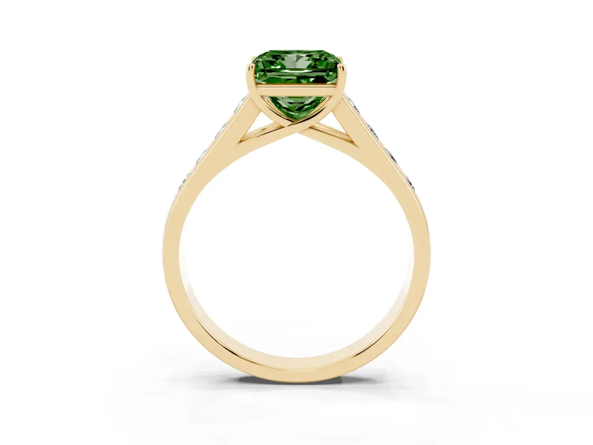 Fancy Green Princess Cut Solitaire Channel-Set Diamond Engagement Ring with Four-Prong Setting Yellow gold