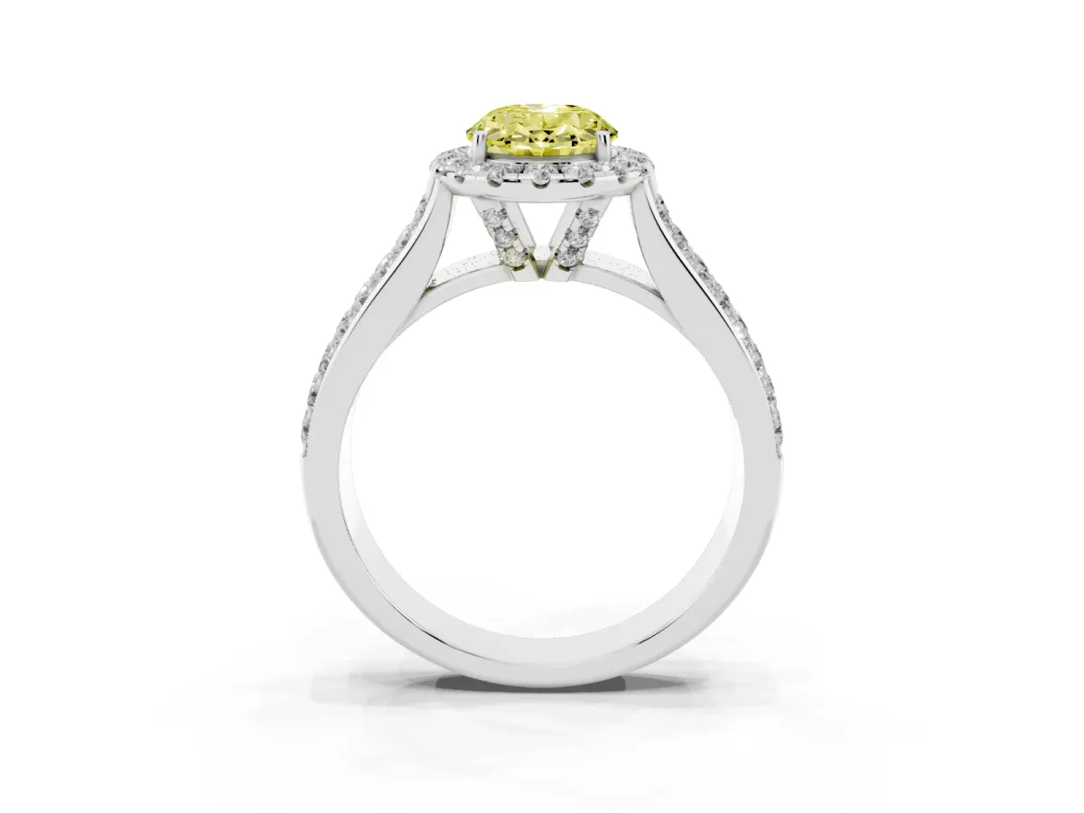 Fancy Yellow Oval Cut Halo Round Diamond Pave Band with Prong Setting Silver