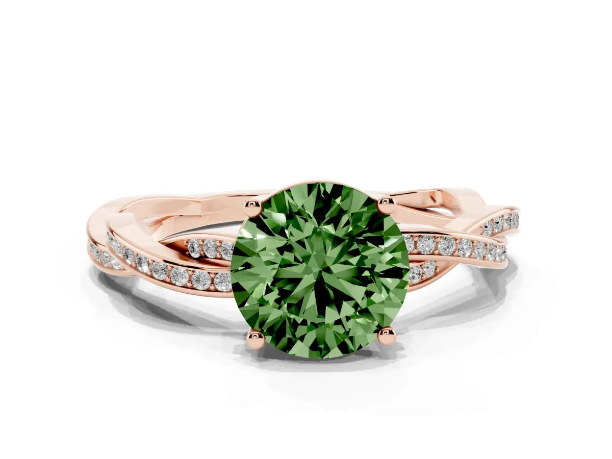 Fancy Green Round Cut Solitaire Twisted Pave Diamond Ring with Four-Prong Setting Rose gold