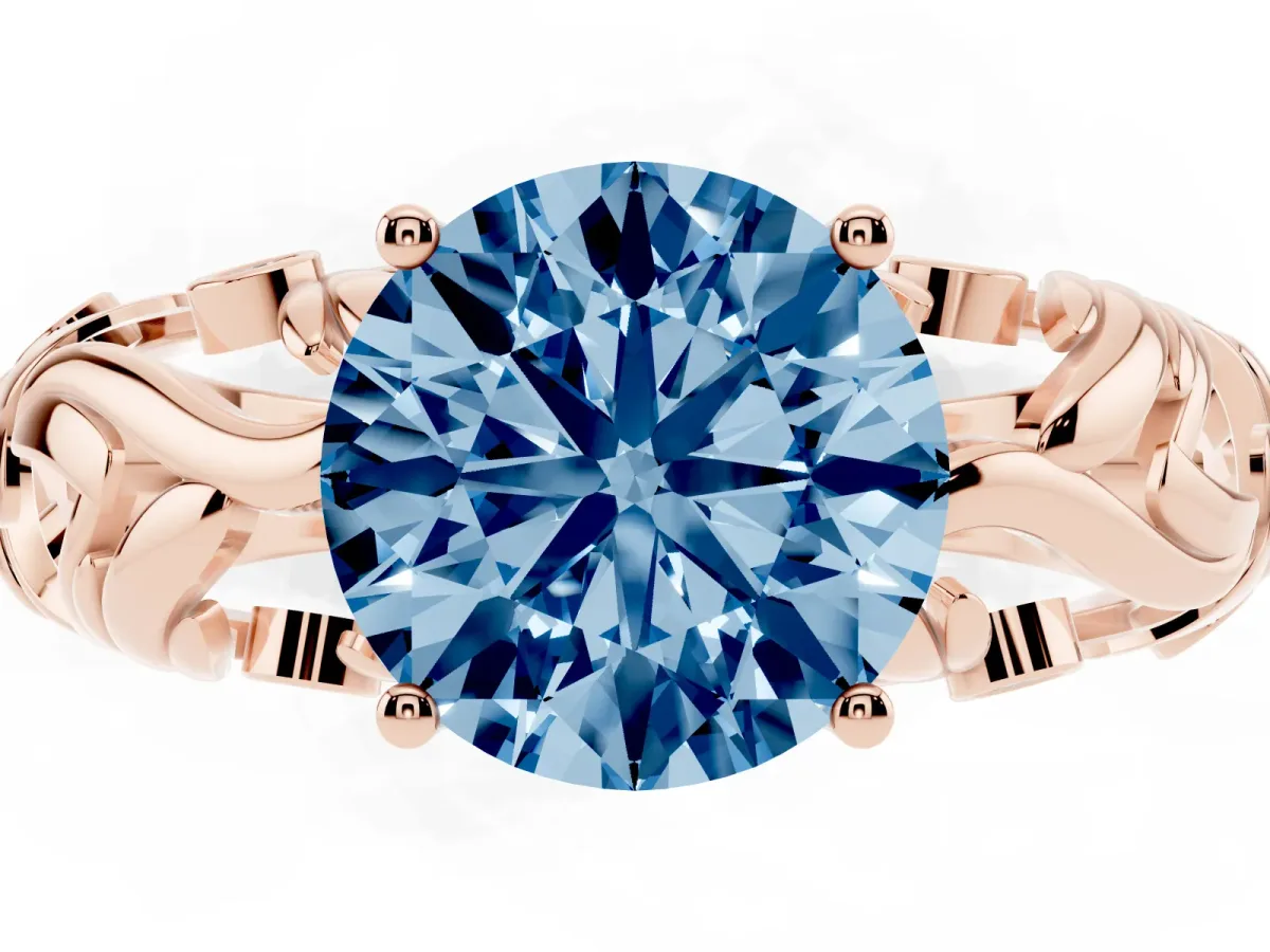 Fancy Blue Round Cut Solitaire Diamond Leaf-Inspired Vine Band Ring with Prong Setting Rose gold
