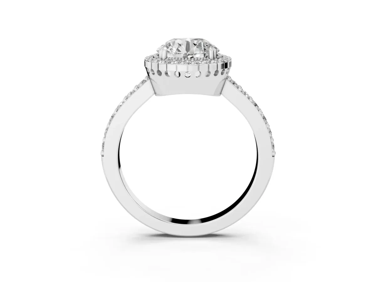 Round Cut Cut Diamond Halo Engagement Ring with Milgrain Detail and Pavé Band Silver