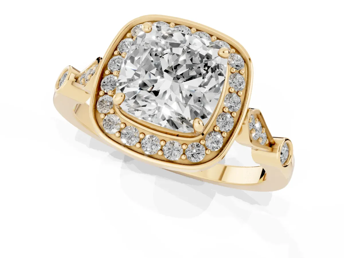 Cushion Cut Halo Diamond Engagement Ring with Twisted Band and Four-Prong Setting Yellow gold
