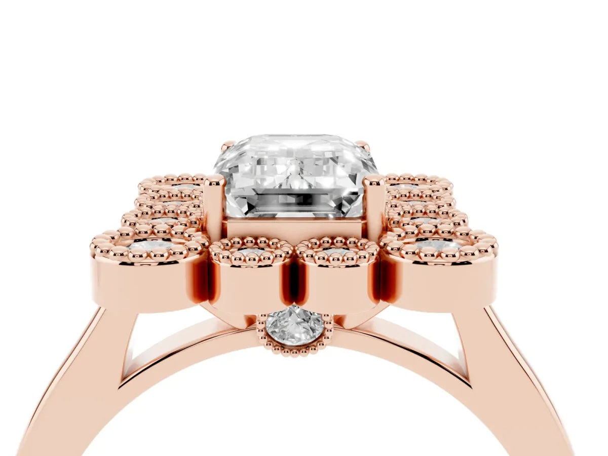Emerald Cut Halo Diamond Cluster Engagement Ring with Milgrain Bezel Setting and Solitaire Band Rose gold